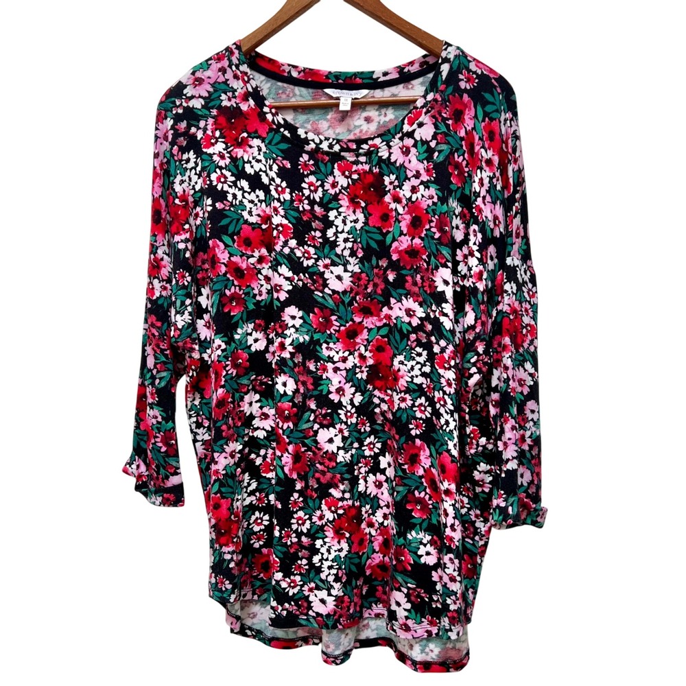 Crown & Ivy Womens 1X Pink Floral Print Blouse Casual Stretch Rayon‎ Feminine